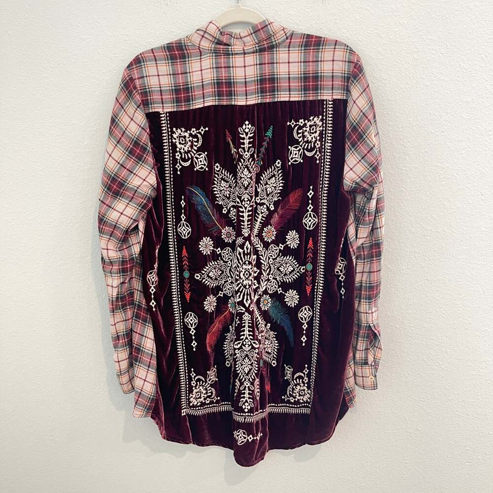 Johnny Was 3J Workshop Lorie Boho Plaid Button Down Embroidered Velvet Back Sz M